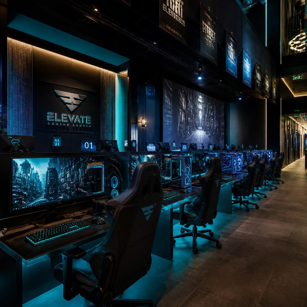 Dark gaming lounge with rows of RGB setups