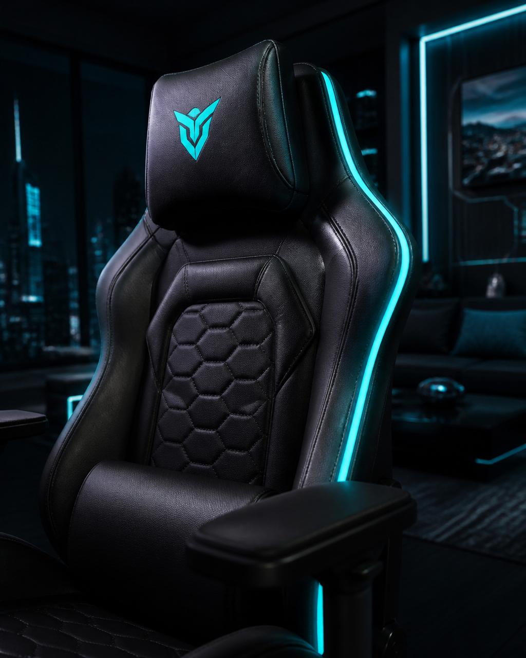 Premium gaming chair with cyan accent lighting