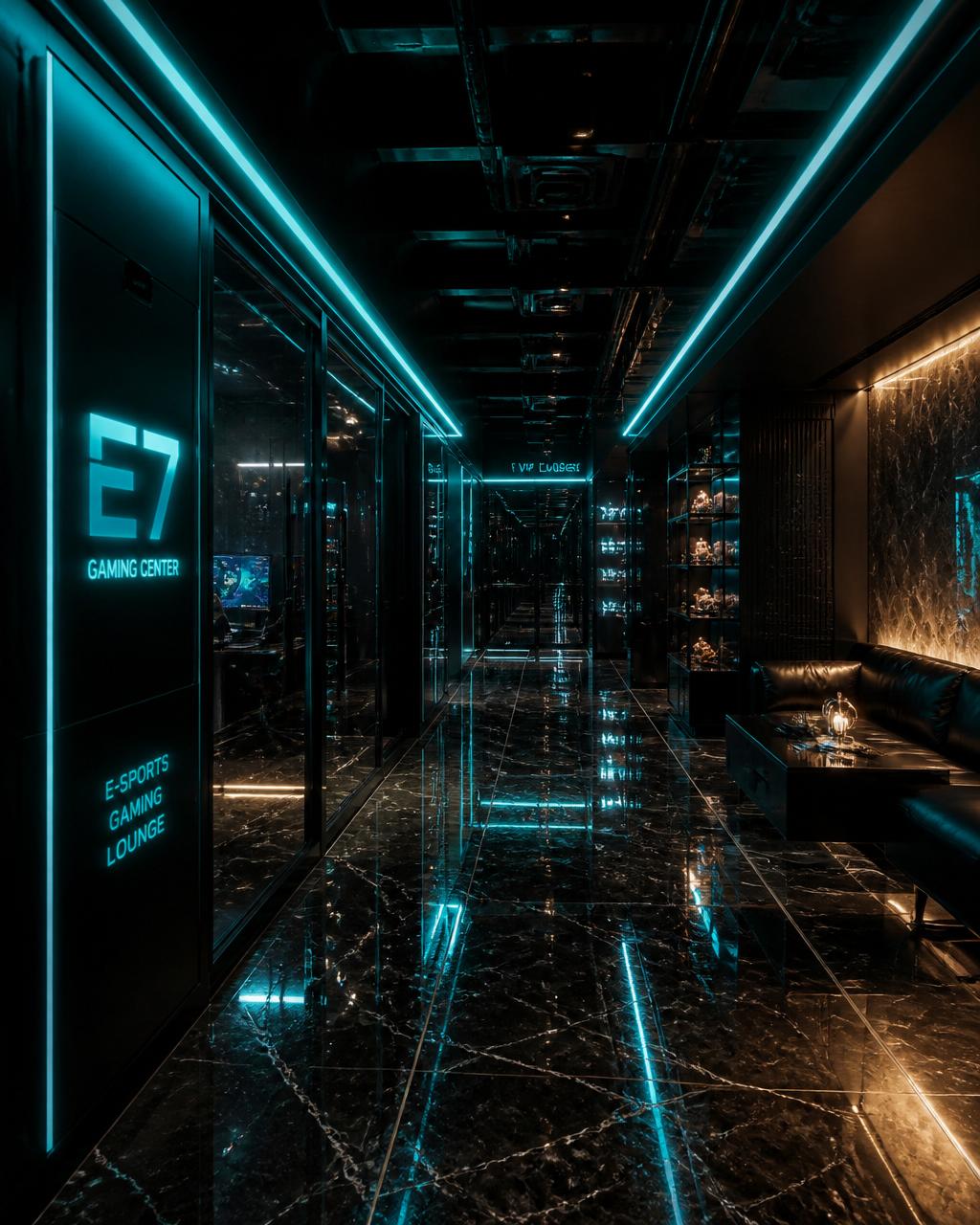 Futuristic cyberpunk lounge corridor
